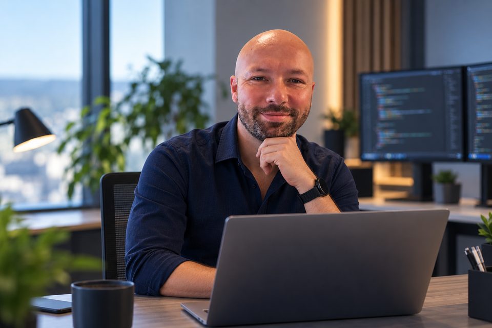 Chris Röder an seinem Arbeitsplatz mit Laptop und Monitoren